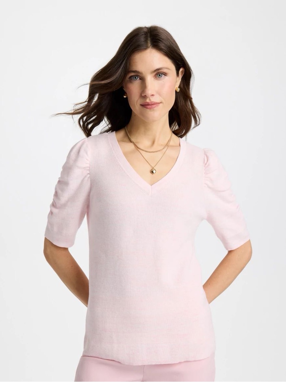 Chico's Light Pink V-Neck Short Sleeve Sweater Top